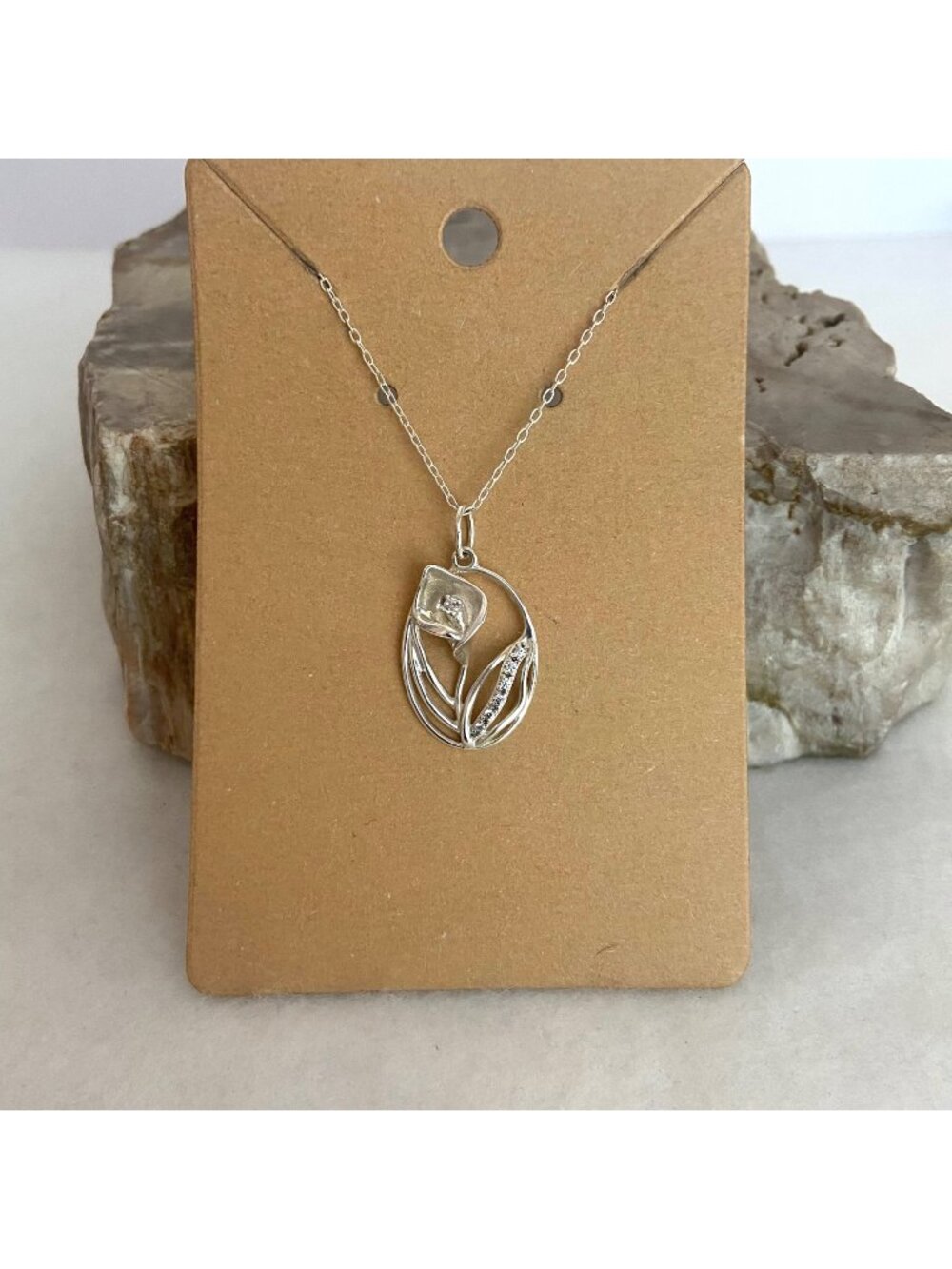 Sterling Silver 925 NVC Oval CZ Peace Lily Flower Pendant Necklace 19"